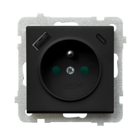 Gniazdo pojedyncze z uziemieniem z przesłonami torów prądowych, z ładowarką USB A+C producent Ospel seria Sonata kolor Czarny mat kod GP-1RZPUSBAC/m/33