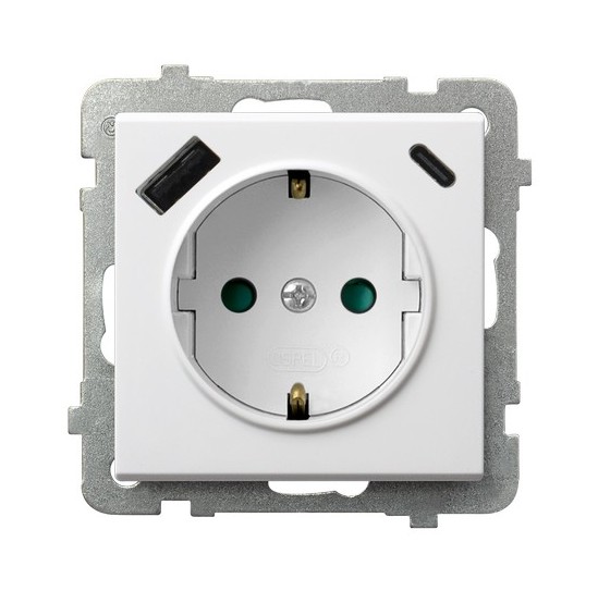 Gniazdo pojedyncze z uziemieniem schuko z przesłonami torów prądowych, z ładowarką USB A+C producent Ospel seria Sonata kolor Biały mat kod GP-1RSPUSBAC/m/75