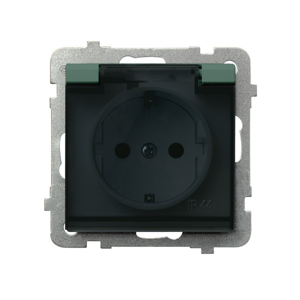 Gniazdo bryzgoszczelne z uziemieniem schuko IP-44 wieczko przezroczyste producent Ospel seria Sonata kolor Malachit kod GPH-1RS/m/87/d