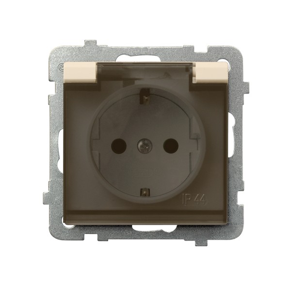 Gniazdo bryzgoszczelne z uziemieniem schuko IP-44 wieczko przezroczyste producent Ospel seria Sonata kolor Wanilia kod GPH-1RS/m/89/d