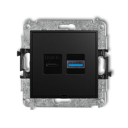 Mechanizm ładowarki USB podwójnej USB C + USB A, 20W max., bez pola opisowego producent Karlik seria Mini kolor Czarny mat kod 12MCUSBBO-8