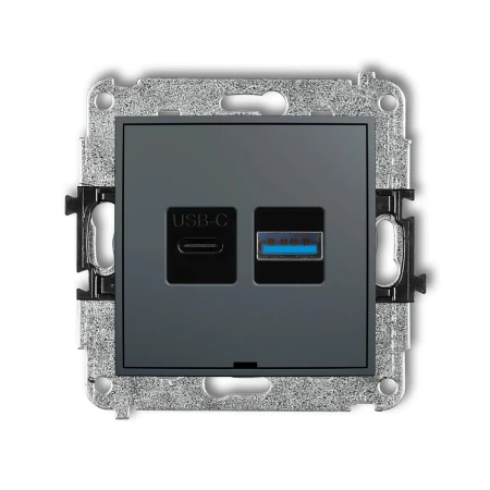 Mechanizm ładowarki USB podwójnej USB C + USB A, 20W max., bez pola opisowego producent Karlik seria Mini kolor Grafitowy mat kod 28MCUSBBO-8