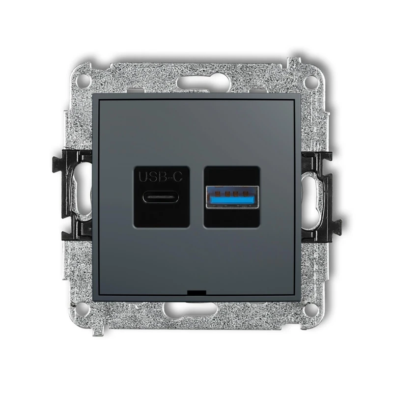 Mechanizm ładowarki USB podwójnej USB C + USB A, 20W max., bez pola opisowego producent Karlik seria Mini kolor Grafitowy mat kod 28MCUSBBO-8