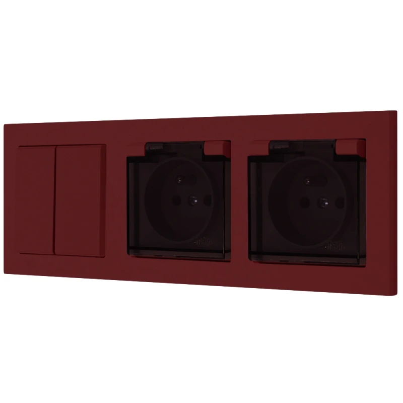 Włącznik podwójny i dwa gniazda hermetyczne z ramką Ospel Sonata Burgund