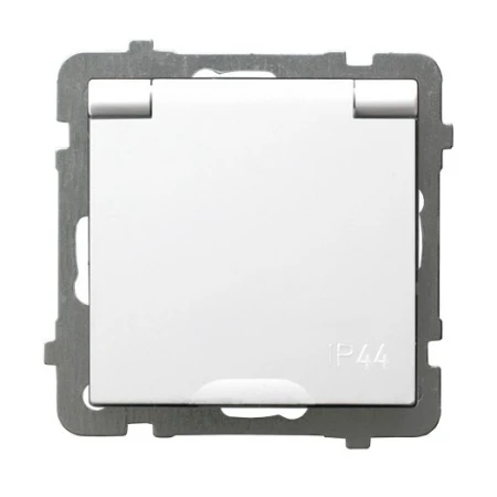 Gniazdo bryzgoszczelne z uziemieniem IP-44 z przesłonami torów prądowych wieczko w kolorze wyrobu producent Ospel seria As kolor Biały kod GPH-1GZP/m/00/w