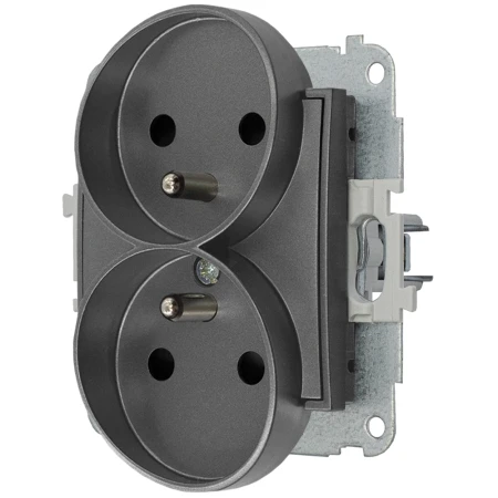 Mechanizm gniazda podwójnego do ramki z uziemieniem 2x(2P+Z) (przesłony torów prądowych) producent Karlik seria Mini kolor Grafitowy kod 11MGPR-2zp
