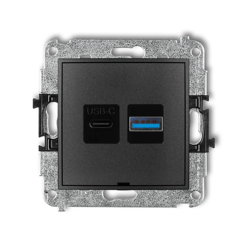 Mechanizm ładowarki USB podwójnej USB C + USB A, 20W max., bez pola opisowego producent Karlik seria Mini kolor Grafitowy kod 11MCUSBBO-8