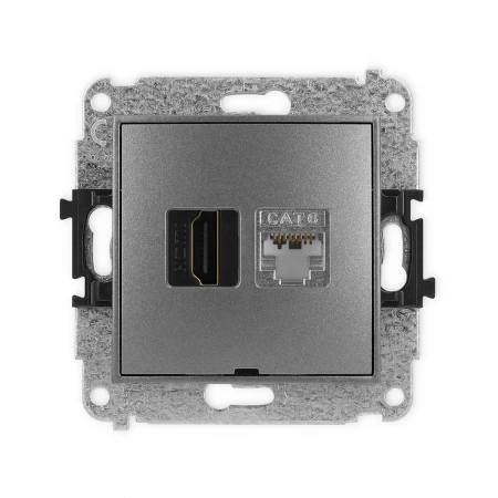 Mechanizm gniazda pojedynczego HDMI 2.0, 4K + gniazda komp. poj. 1xRJ45, kat. 6, ekranowany, 8-stykowy, bez pola opisowego producent Karlik seria Mini kolor Grafitowy kod 11MGHKBO-46