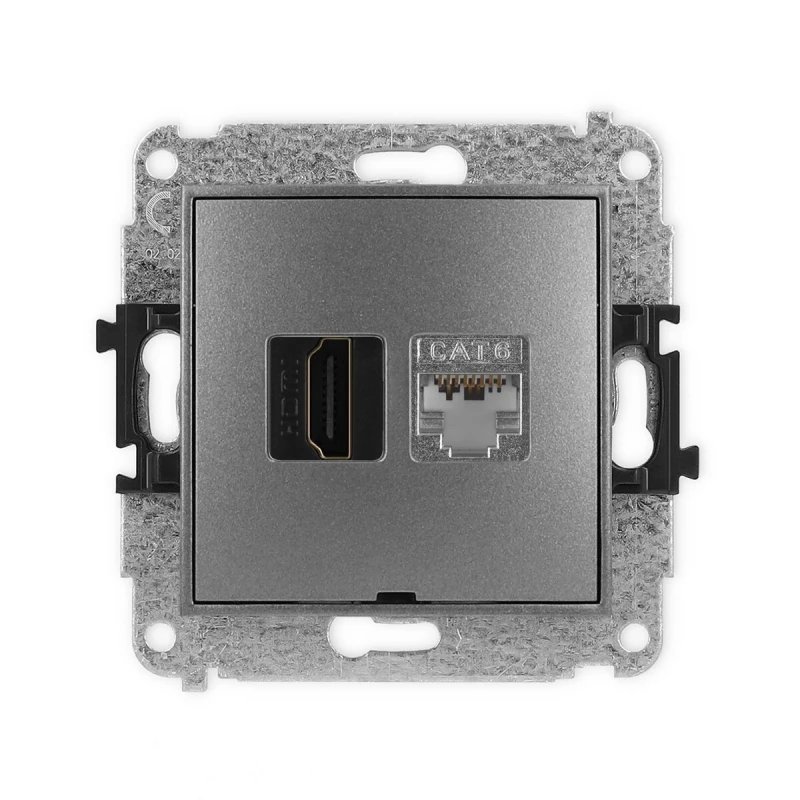 Mechanizm gniazda pojedynczego HDMI 2.0, 4K + gniazda komp. poj. 1xRJ45, kat. 6, ekranowany, 8-stykowy, bez pola opisowego producent Karlik seria Mini kolor Grafitowy kod 11MGHKBO-46
