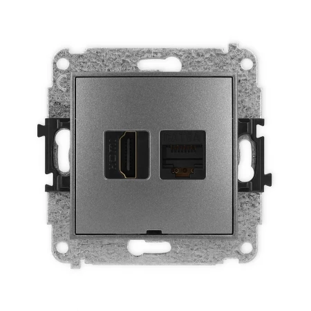 Mechanizm gniazda pojedynczego HDMI 2.1, 8K + gniazda komp. poj. 1xRJ45, kat. 6A, 8-stykowy, bez pola opisowego producent Karlik seria Mini kolor Grafitowy kod 11MGHKBO-86A