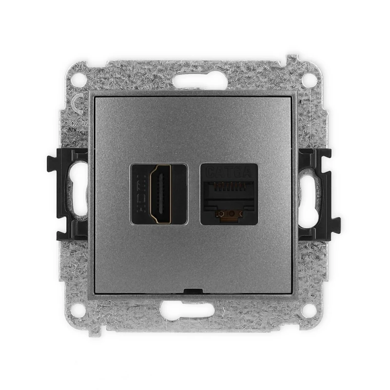 Mechanizm gniazda pojedynczego HDMI 2.1, 8K + gniazda komp. poj. 1xRJ45, kat. 6A, 8-stykowy, bez pola opisowego producent Karlik seria Mini kolor Grafitowy kod 11MGHKBO-86A