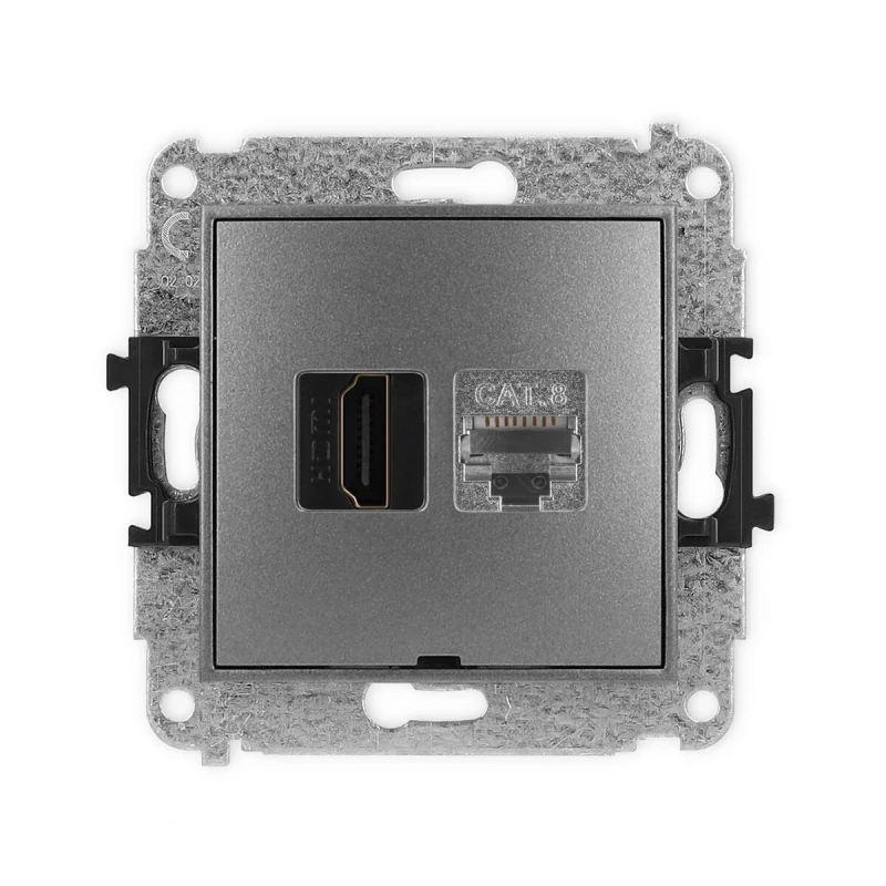 Mechanizm gniazda pojedynczego HDMI 2.1, 8K + gniazda komp. poj. 1xRJ45, kat. 8, ekranowany, 8-stykowy, bez pola opisowego producent Karlik seria Mini kolor Grafitowy kod 11MGHKBO-88