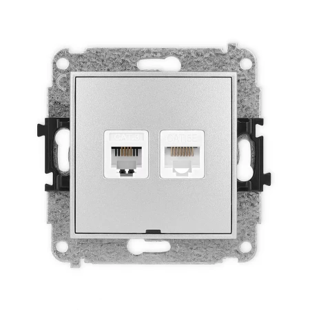 Icon Mechanizm Gniazda Telefonicznego Pojedynczego 1Xrj11 + Komputerowego Pojedynczego 1Xrj45, Kat. 5E, 8-Stykowy, Beznarzędziowe, Bez Pola Opisowego Srebrny Metalik 7Igtkbo