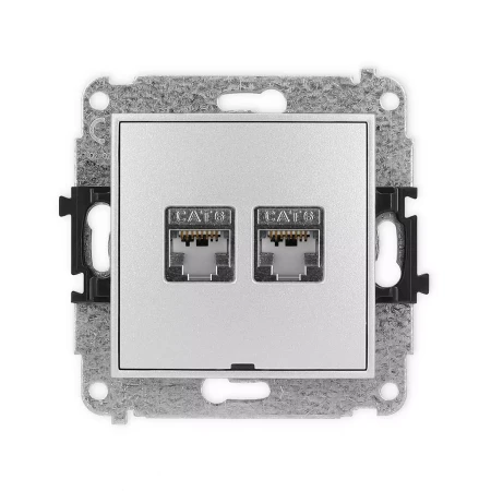 Icon Mechanizm Gniazda Komputerowego Podwójnego 2Xrj45, Kat. 6, Ekranowane, 8-Stykowy, Bez Pola Opisowego Srebrny Metalik 7Igkbo-6