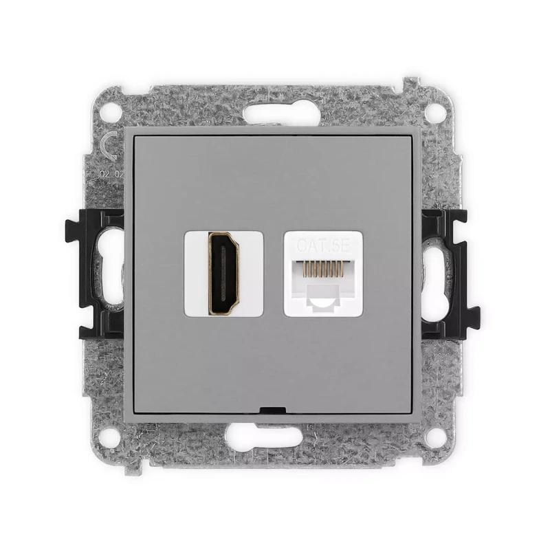 Icon Mechanizm Gniazda Pojedynczego Hdmi 2.0 + Gniazda Komp. Poj. 1Xrj45, Kat. 5E, 8-Stykowy, Bez Pola Opisowego Szary Mat 27Ighkbo