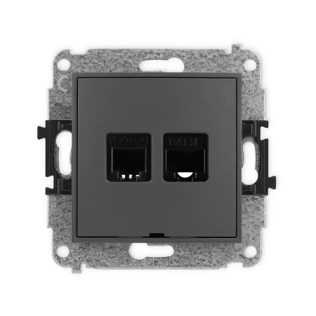 Icon Mechanizm Gniazda Telefonicznego Pojedynczego 1Xrj11 + Komputerowego Pojedynczego 1Xrj45, Kat. 5E, 8-Stykowy, Beznarzędziowe, Bez Pola Opisowego Grafitowy Mat 28Igtkbo