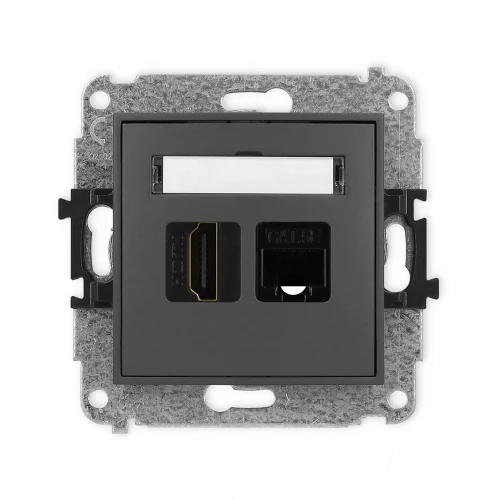 ICON Mechanizm gniazda pojedynczego HDMI 2.0 + gniazda komp. poj. 1xRJ45, kat. 5e, 8-stykowy grafitowy mat 28IGHK