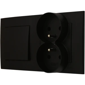Ospel Szafir Czarny Łącznik Pojedynczy Z Gniazdem Podwójnym Zestaw Z Ramką
