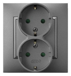 Ospel Aria Gniazdo Podwójne Z Uziemieniem Schuko Z Przesłonami Torów Prądowych, Kompletne Z Ramką Szary