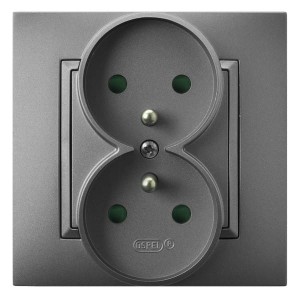 Ospel Aria Gniazdo Podwójne Z Uziemieniem Z Przesłonami Torów Prądowych, Kompletne Z Ramką Szary