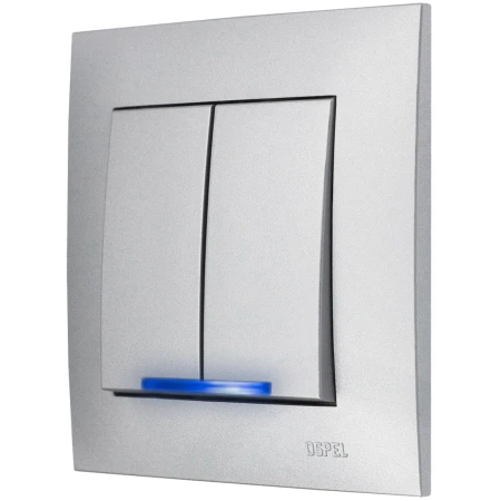 Ospel Szafir Srebrny Włącznik / Łącznik Podwójny Podświetlenie Niebieskie Zestaw Z Ramką