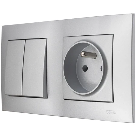 Ospel Szafir Srebrny Włącznik / Łącznik Podwójny Z Gniazdem Pojedynczym Zestaw Z Ramką