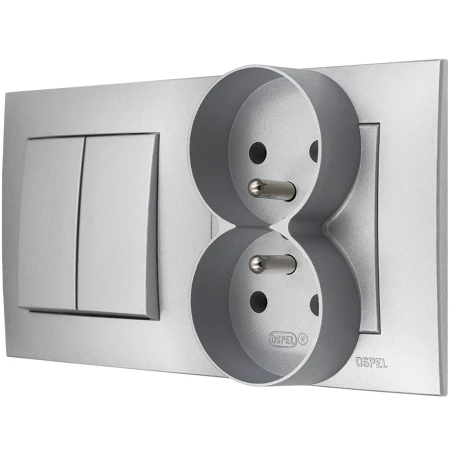 Ospel Szafir Srebrny Włącznik / Łącznik Podwójny Z Gniazdem Podwójnym Zestaw Z Ramką