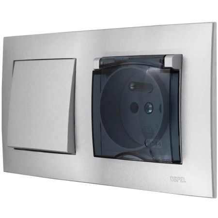 Ospel Szafir Srebrny Włącznik / Łącznik Pojedynczy I Gniazdo / Gniazdko Hermetyczne Zestaw Z Ramką