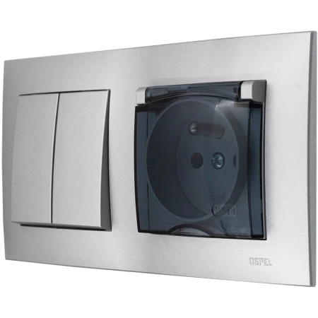 Ospel Szafir Srebrny Włącznik / Łącznik Podwójny I Gniazdo / Gniazdko Hermetyczne Zestaw Z Ramką