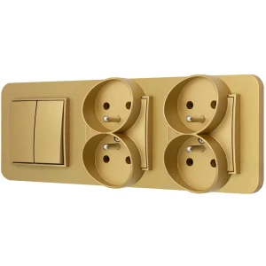 Włącznik podwójny i dwa gniazda podwójne z ramką zaokrągloną seria MINI kolor złoty
