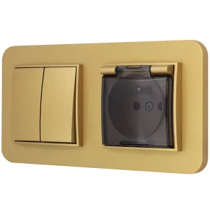 Włącznik podwójny z gniazdem hermetycznym z ramką zaokrągloną seria MINI kolor złoty