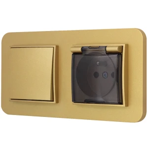 Włącznik pojedynczy z gniazdem hermetycznym z ramką zaokrągloną seria MINI kolor złoty