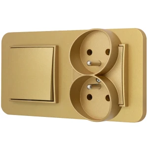 Włącznik pojedynczy z gniazdem podwójnym z ramką zaokrągloną seria MINI kolor złoty