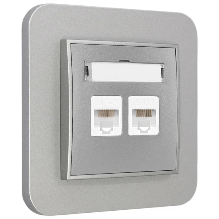 Gniazdo internetowe rj45 2x z ramką zaokrągloną seria MINI kolor srebrny