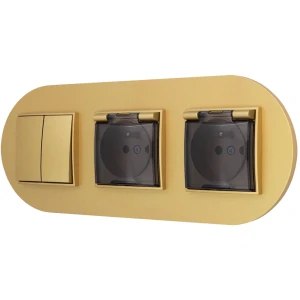 Włącznik podwójny i dwa gniazda hermetyczne z ramką okrągłą seria MINI kolor złoty