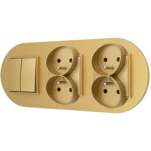 Włącznik podwójny i dwa gniazda podwójne z ramką okrągłą seria MINI kolor złoty