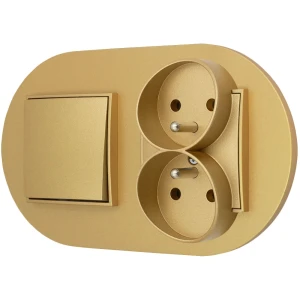 Włącznik pojedynczy z gniazdem podwójnym z ramką okrągłą seria MINI kolor złoty