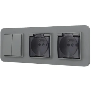 Włącznik podwójny i dwa gniazda hermetyczne z ramką zaokrągloną seria MINI kolor szary mat