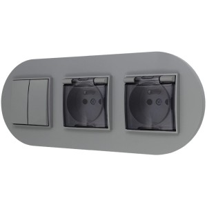 Włącznik podwójny i dwa gniazda hermetyczne z ramką okrągłą seria MINI kolor szary mat