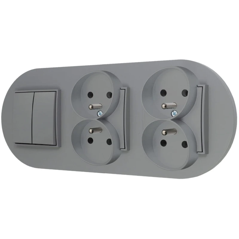 Włącznik podwójny i dwa gniazda podwójne z ramką okrągłą seria MINI kolor szary mat