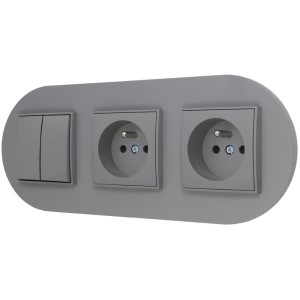 Włącznik podwójny i dwa gniazda pojedyncze z ramką okrągłą seria MINI kolor szary mat