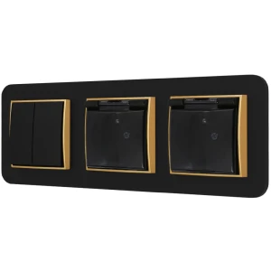 Włącznik podwójny i dwa gniazda hermetyczne z ramką zaokrągloną seria MINI kolor czarny złoty