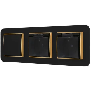 Włącznik pojedynczy i dwa gniazda hermetyczne z ramką zaokrągloną seria MINI kolor czarny złoty