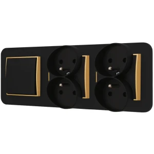 Włącznik pojedynczy i dwa gniazda podwójne z ramką zaokrągloną seria MINI kolor czarny złoty
