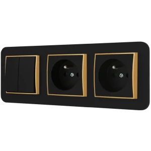 Włącznik podwójny i dwa gniazda pojedyncze z ramką zaokrągloną seria MINI kolor czarny złoty