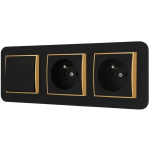 Włącznik pojedynczy i dwa gniazda pojedyncze z ramką zaokrągloną seria MINI kolor czarny złoty