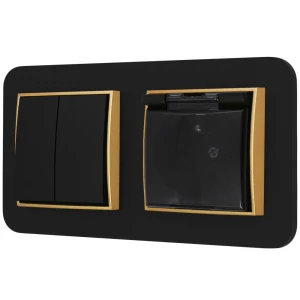 Włącznik podwójny z gniazdem hermetycznym z ramką zaokrągloną seria MINI kolor czarny złoty