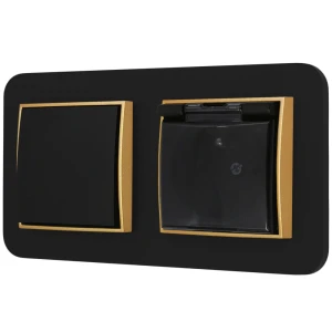 Włącznik pojedynczy z gniazdem hermetycznym z ramką zaokrągloną seria MINI kolor czarny złoty