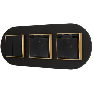 Włącznik podwójny i dwa gniazda hermetyczne z ramką okrągłą seria MINI kolor czarny złoty