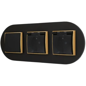 Włącznik pojedynczy i dwa gniazda hermetyczne z ramką okrągłą seria MINI kolor czarny złoty